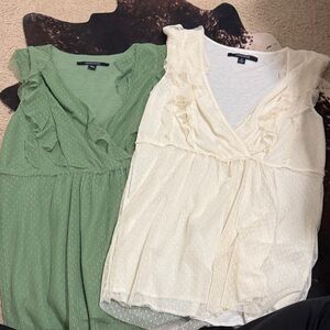 Chadwicks Ruffled V-Neck Blouses - Green and Cream